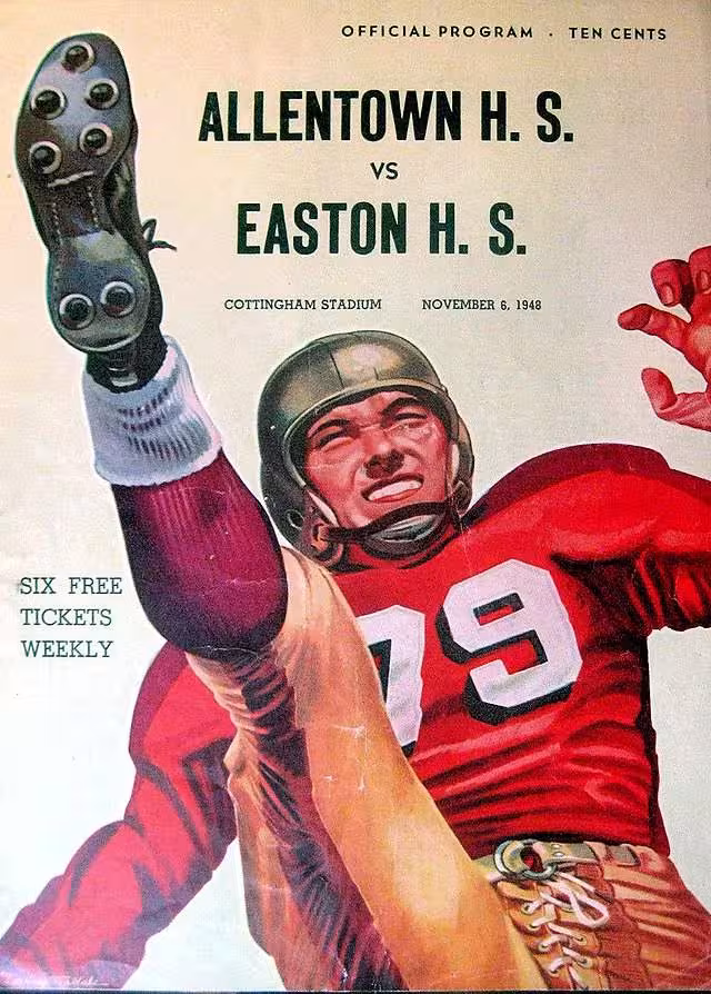 The front cover of the official football program for the Allentown High School vs. Easton High School game on November 6, 1948. The vintage illustration shows a player in a red #79 jersey and a gold helmet punting a football, with the sole of his cleated shoe facing the viewer. The game was held at Cottingham Stadium, and the price is listed as ten cents.