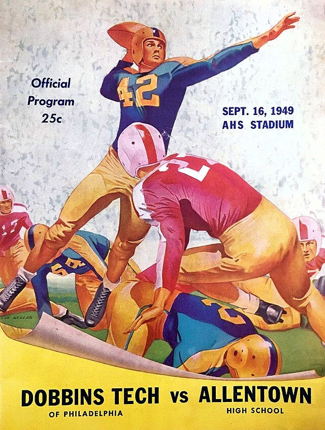 The front cover of an official football program for the Dobbins Tech of Philadelphia vs. Allentown High School game on September 16, 1949. The color illustration depicts a quarterback in a blue #42 jersey and gold helmet preparing to pass while a defender in a maroon jersey with a white-and-red helmet attempts a tackle. The game took place at AHS Stadium, and the price is listed as 25 cents