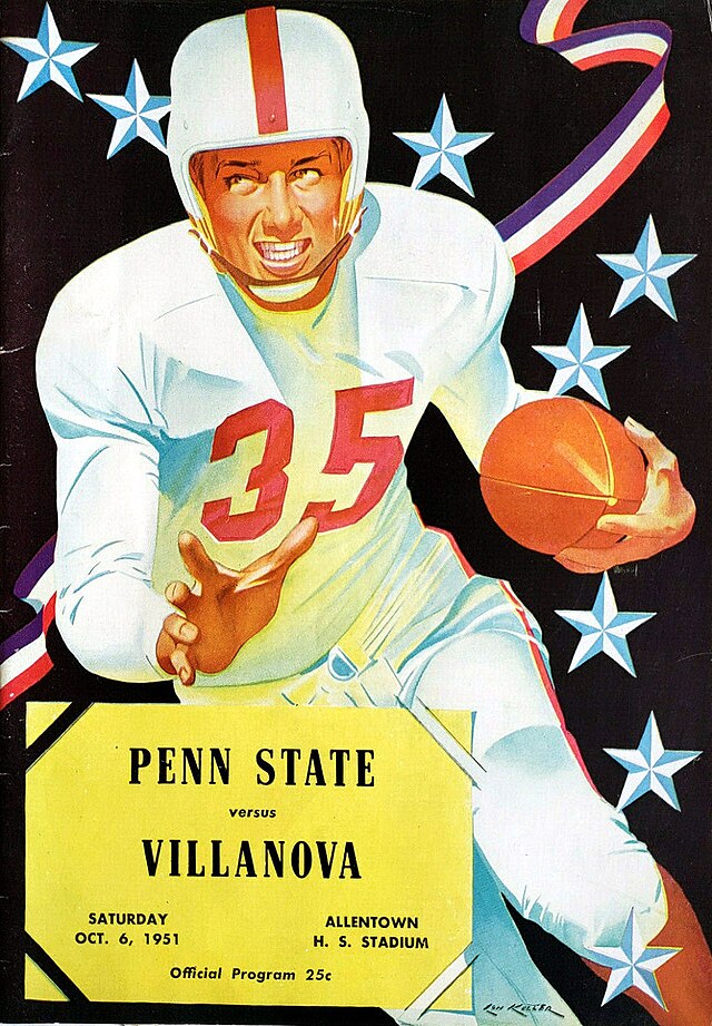 A vibrant, illustrative football program cover for the October 6, 1951, matchup between Penn State and Villanova. The artwork features a determined player in a white uniform with the number '35' in red, lunging forward while clutching a football. The background is a dark, starry night sky with a red, white, and blue ribbon flowing in the upper right. A yellow block at the bottom identifies the teams and the location: 'ALLENTOWN H.S. STADIUM.' The price '25c' is listed at the bottom.
