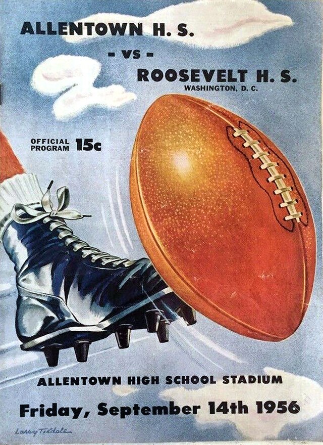 The front cover of the official football program for a game between Allentown High School and Roosevelt High School of Washington, D.C., dated Friday, September 14, 1956. The vintage illustration shows a close-up of a black cleated football shoe mid-kick against a large brown football, set against a blue sky with white clouds.