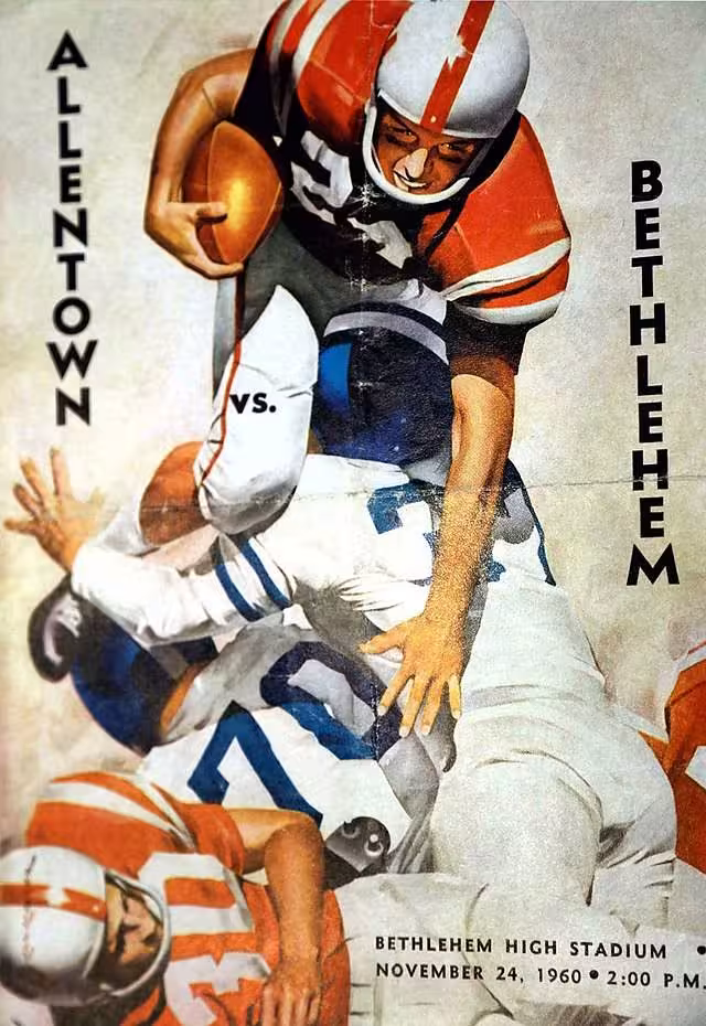Wter color drawn image of gridiron action of a player in red hurdling a would be tackler in white on an off-white background of a 1960 game program cover