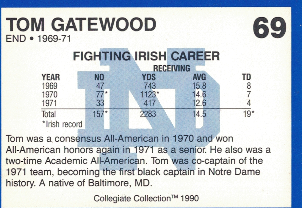 1990 Collegiate Collection Notre Dame card of Thom Gatewood card number 69 of the set that lists all of his collegiate stats