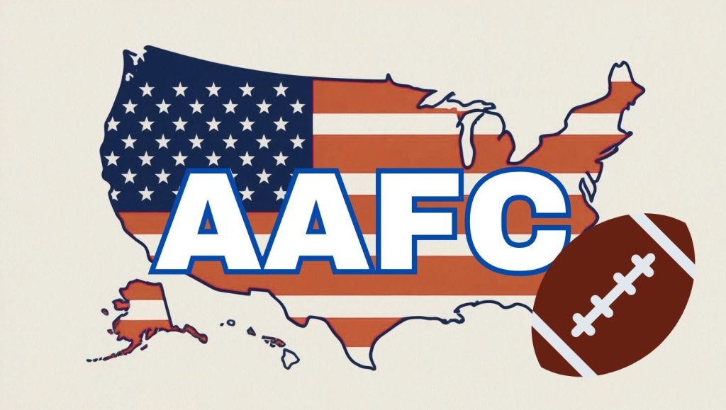 A red white and blue image of the US outline with the Large white letter AAFC and a drawn brown football