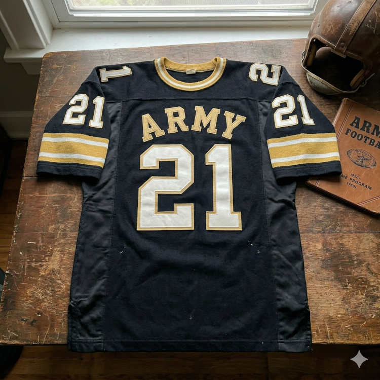 A vintage-style Army football jersey laid flat on a rustic wooden table. The jersey is black with a gold and white striped collar. The word 'ARMY' is arched in gold block letters above a large white number '21' with gold trim. Matching numbers appear on the shoulders. A weathered leather football helmet and a 1950s Army Football program are positioned to the right of the jersey, creating a curated historical display.