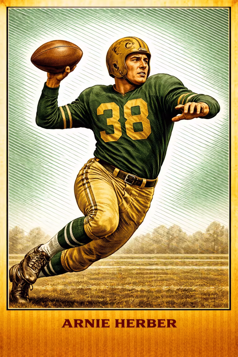 A vibrant, stylized color illustration of Pro Football Hall of Famer Arnie Herber in a dynamic passing pose. He wears a dark green Green Bay Packers jersey with the number '38' in gold, tan quilted trousers with a dark belt, and striped socks. His gold leather 'wing' style helmet features a small emblem on the side. He is shown mid-stride on a grass field, cocking his arm to throw a leather football. His name, 'ARNIE HERBER,' is printed in bold at the bottom.