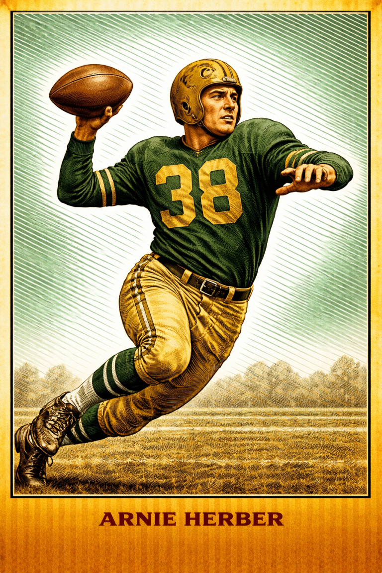A vibrant, stylized color illustration of Pro Football Hall of Famer Arnie Herber in a dynamic passing pose. He wears a dark green Green Bay Packers jersey with the number '38' in gold, tan quilted trousers with a dark belt, and striped socks. His gold leather 'wing' style helmet features a small emblem on the side. He is shown mid-stride on a grass field, cocking his arm to throw a leather football. His name, 'ARNIE HERBER,' is printed in bold at the bottom.
