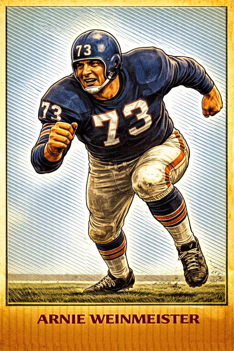 A vibrant, stylized color illustration of Pro Football Hall of Famer Arnie Weinmeister in a powerful charging pose. He wears a navy blue New York Giants jersey with the number '73' in white and orange, white trousers, and striped socks. His dark blue helmet features '73' on the front and a white chin strap. He is shown mid-stride on a grass field against a background of blue diagonal lines. His name, 'ARNIE WEINMEISTER,' is printed in bold at the bottom.