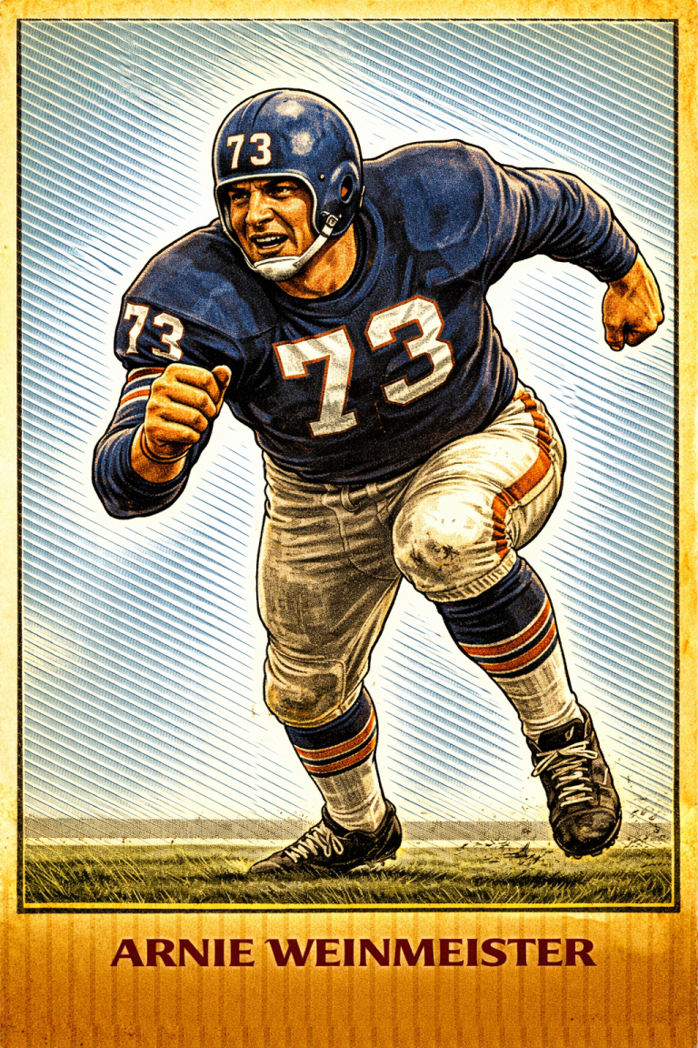 A vibrant, stylized color illustration of Pro Football Hall of Famer Arnie Weinmeister in a powerful charging pose. He wears a navy blue New York Giants jersey with the number '73' in white and orange, white trousers, and striped socks. His dark blue helmet features '73' on the front and a white chin strap. He is shown mid-stride on a grass field against a background of blue diagonal lines. His name, 'ARNIE WEINMEISTER,' is printed in bold at the bottom.
