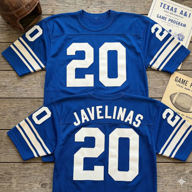 A flat-lay photograph of two royal blue Texas A&M-Kingsville football jerseys displayed on a rustic wooden surface. Both jerseys feature the number '20' in large white block digits, with the bottom jersey displaying the team name 'JAVELINAS' arched across the back. The sleeves have white-and-gold horizontal stripes. Accompanying the jerseys are a vintage leather helmet and two 'Texas A&I' game programs