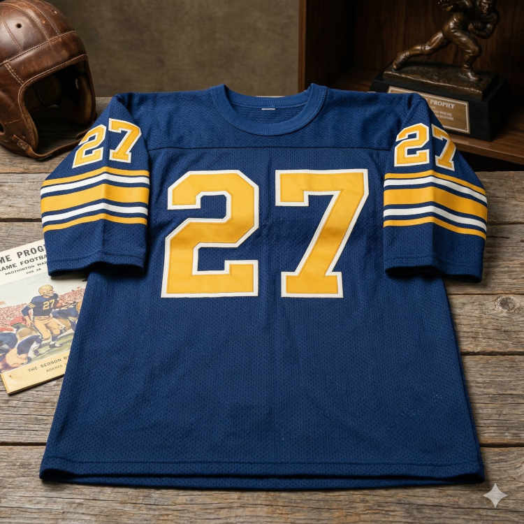 A flat-lay of a vintage navy blue mesh football jersey with the number '27' in large gold block digits on a rustic wood surface. The jersey features gold, white, and navy striped sleeves. It is displayed alongside a classic leather helmet, a 1920s-era game program, and a bronze Heisman-style trophy in the background.
