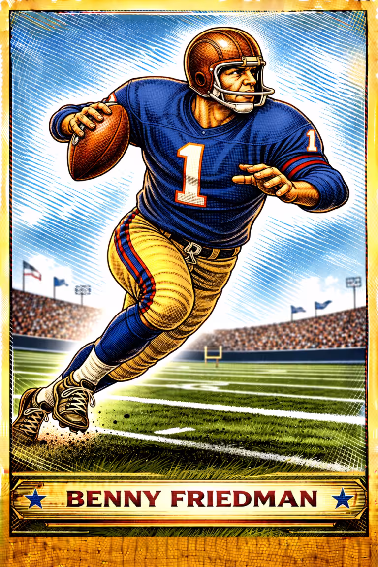 Stylized color illustration of NY Giant legend Benny Friedman #1 in a classic football throwing pose.