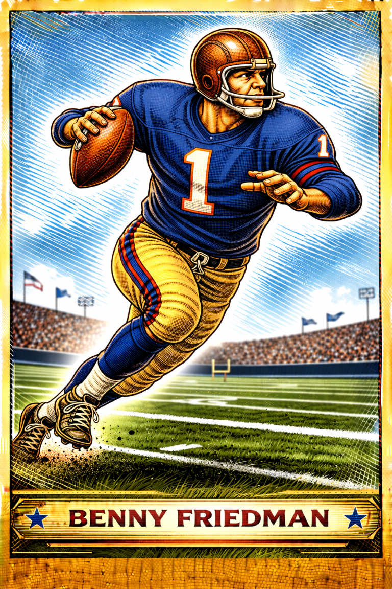 Stylized color illustration of NY Giant legend Benny Friedman #1 in a classic football throwing pose.