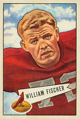 colored trading card head shot of American football player Bill Fischer (American football) on a 1952 Bowman Large card. Fischer is wearing his red Cardinals jersey