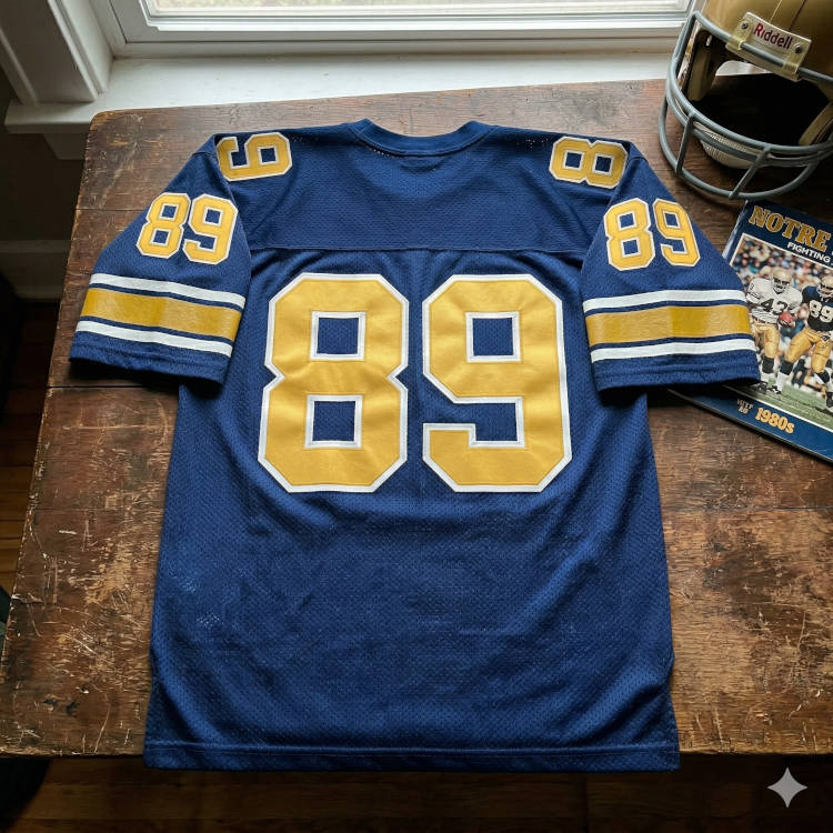A flat-lay photograph of a navy blue mesh football jersey displayed on a weathered wooden surface. The jersey features the number '89' in large gold block digits with a white outline on the back and shoulders. The sleeves are accented with a broad gold band flanked by thin white stripes. A gold-painted Riddell suspension helmet and a vintage 'Notre Dame Fighting Irish' program from the 1980s are positioned next to the jersey.