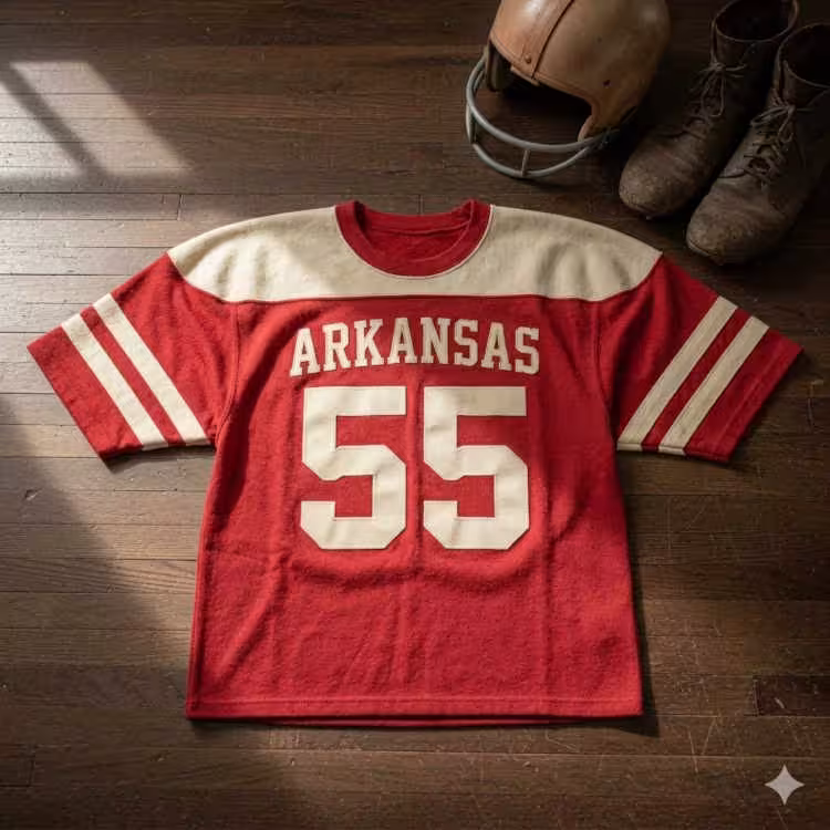 Image of a red Arkansas football Jersey number 55 with a football helmet and old cleats.