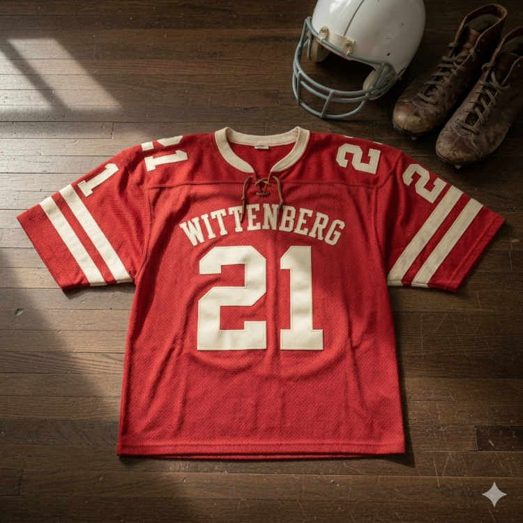 A flat-lay photograph of a red Wittenberg football jersey on a dark wood floor. The mesh jersey features 'WITTENBERG' and the number '21' in cream-colored block lettering with a lace-up collar. In the upper corner, a white football helmet with a grey facemask and a pair of worn, brown leather cleats complete the vintage scene.