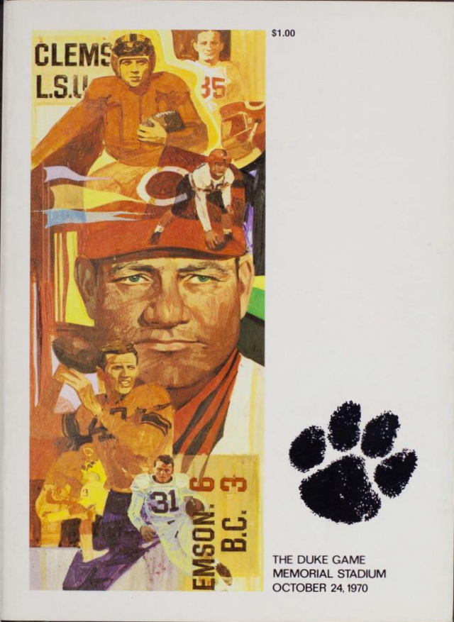 An official game program cover for the October 24, 1970, matchup between the Clemson Tigers and the Duke Blue Devils. The left side features an artistic montage of legendary coach Frank Howard, along with various players in historic Clemson and LSU uniforms. A large, black tiger paw print is prominently displayed on the white right-hand side. The text at the bottom right identifies the event as 'THE DUKE GAME, MEMORIAL STADIUM, OCTOBER 24, 1970.' The price '$1.00' is printed at the top.