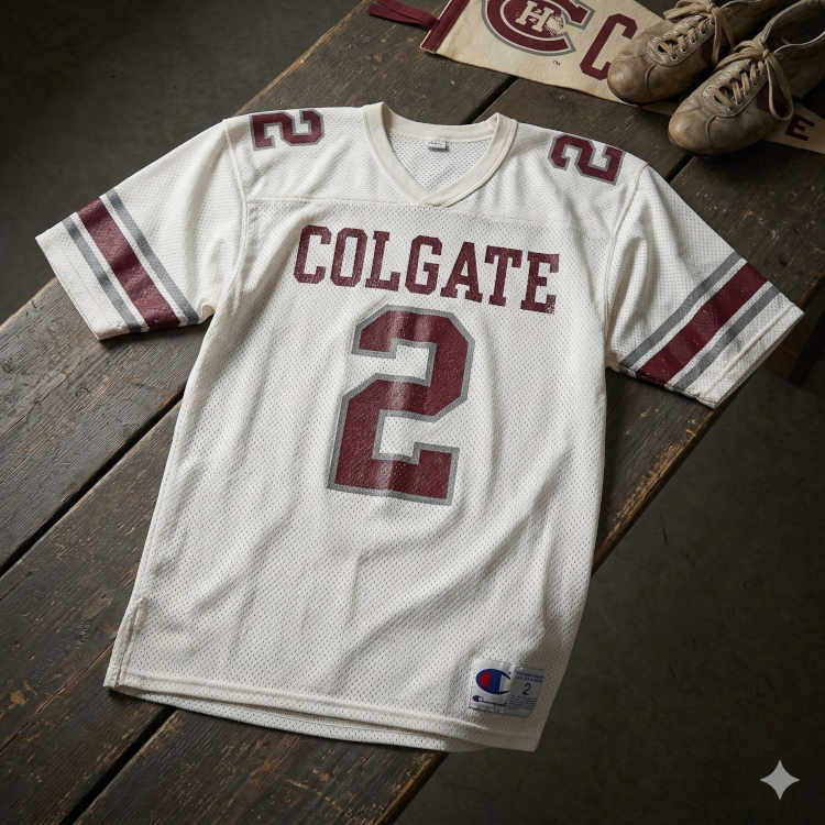 Vintage white Colgate Raiders #2 football jersey displayed on a wooden bench with a team pennant and old-fashioned cleats.
