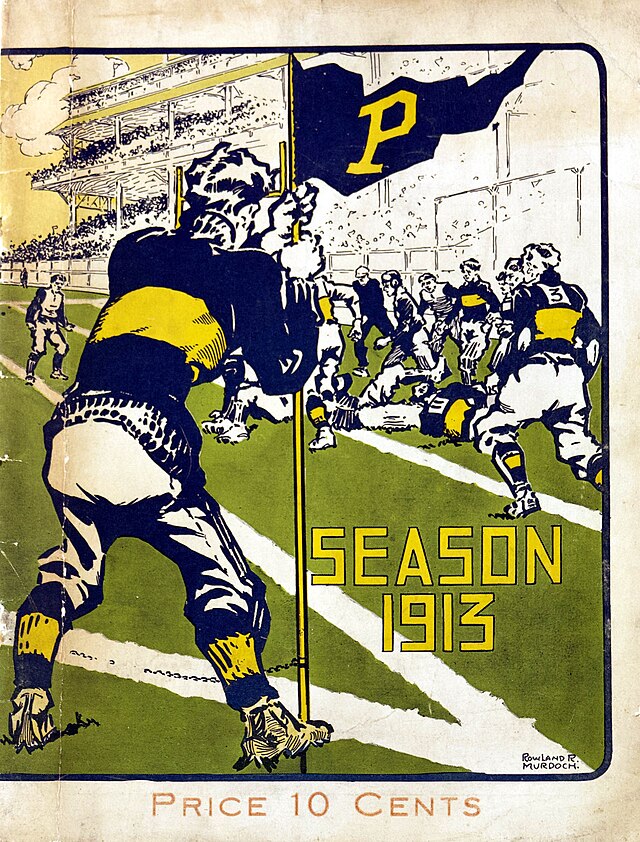 A vibrant, turn-of-the-century illustration for the University of Pittsburgh's 1913 football season. The cover features a player in the foreground seen from behind, holding a flagpole with a navy blue pennant bearing a yellow 'P'. In the background, a game is in progress on a green field, with players in yellow and blue uniforms. A grandstand filled with spectators is visible in the upper left. The text 'SEASON 1913' is centered in yellow block letters, with the price 'PRICE 10 Cents' at the bottom.