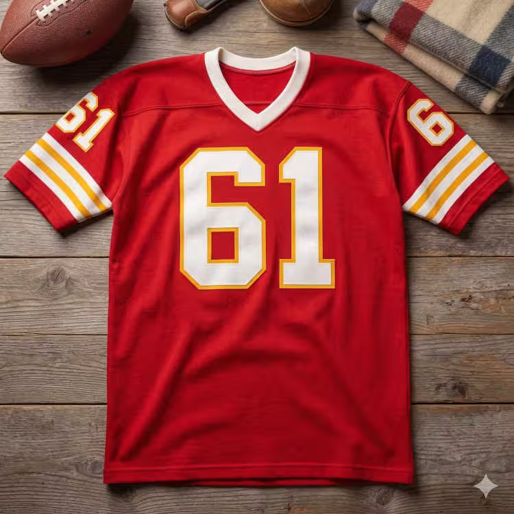 A flat-lay photograph of a bright red vintage-style football jersey on a weathered wood surface. The jersey features the number '61' in white block lettering with a yellow border. Surrounding the jersey are a classic leather football, a glimpse of a leather helmet, and a folded plaid stadium blanket in the upper corner.