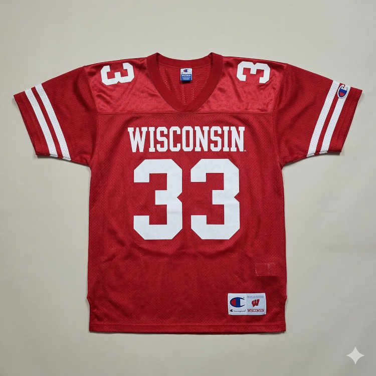 A flat-lay photograph of a red Wisconsin Badgers football jersey on a plain light background. The mesh jersey features 'WISCONSIN' and the number '33' in bold white block lettering. Small Champion and Wisconsin logos are visible on the sleeve and the jock tag at the bottom right.