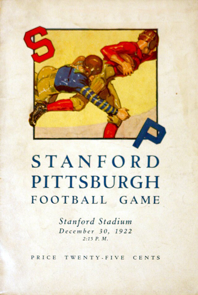 A vintage game program cover for the December 30, 1922, football game between Stanford and Pittsburgh. The central illustration shows a dynamic tackle in progress, with players in red, blue, and gold uniforms. A large red 'S' sits at the top left and a blue 'P' at the bottom right of the image. The text below reads 'STANFORD PITTSBURGH FOOTBALL GAME' in blue serif type, identifying the venue as Stanford Stadium. The price is listed as 'TWENTY-FIVE CENTS' at the bottom.