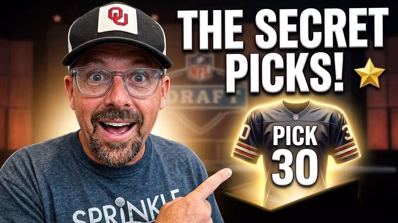 A vibrant digital thumbnail titled 'THE SECRET PICKS!' featuring a man in a black Oklahoma Sooners ('OU') cap and clear glasses pointing toward a glowing mystery box. Emerging from the box is a navy blue and orange football jersey labeled 'PICK 30.' The background features a blurred NFL Draft stage and a single gold star icon.