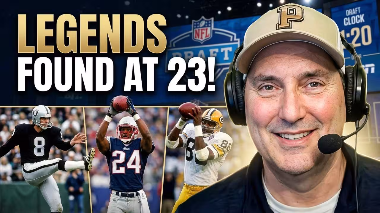 A professional digital thumbnail titled 'LEGENDS FOUND AT 23!' The image features a man in a tan Purdue University ('P') cap and headset, smiling at the camera. The bottom third of the graphic displays three legendary players in action: Ray Guy (Oakland Raiders punter, #8), Ty Law (New England Patriots cornerback, #24), and Sterling Sharpe (Green Bay Packers wide receiver, #84). The background features a blurred NFL Draft stage and a 'DRAFT CLOCK' set to '1:20'.