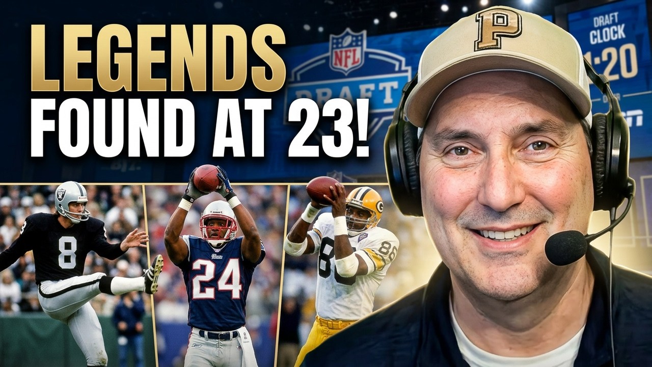 A professional digital thumbnail titled 'LEGENDS FOUND AT 23!' The image features a man in a tan Purdue University ('P') cap and headset, smiling at the camera. The bottom third of the graphic displays three legendary players in action: Ray Guy (Oakland Raiders punter, #8), Ty Law (New England Patriots cornerback, #24), and Sterling Sharpe (Green Bay Packers wide receiver, #84). The background features a blurred NFL Draft stage and a 'DRAFT CLOCK' set to '1:20'.
