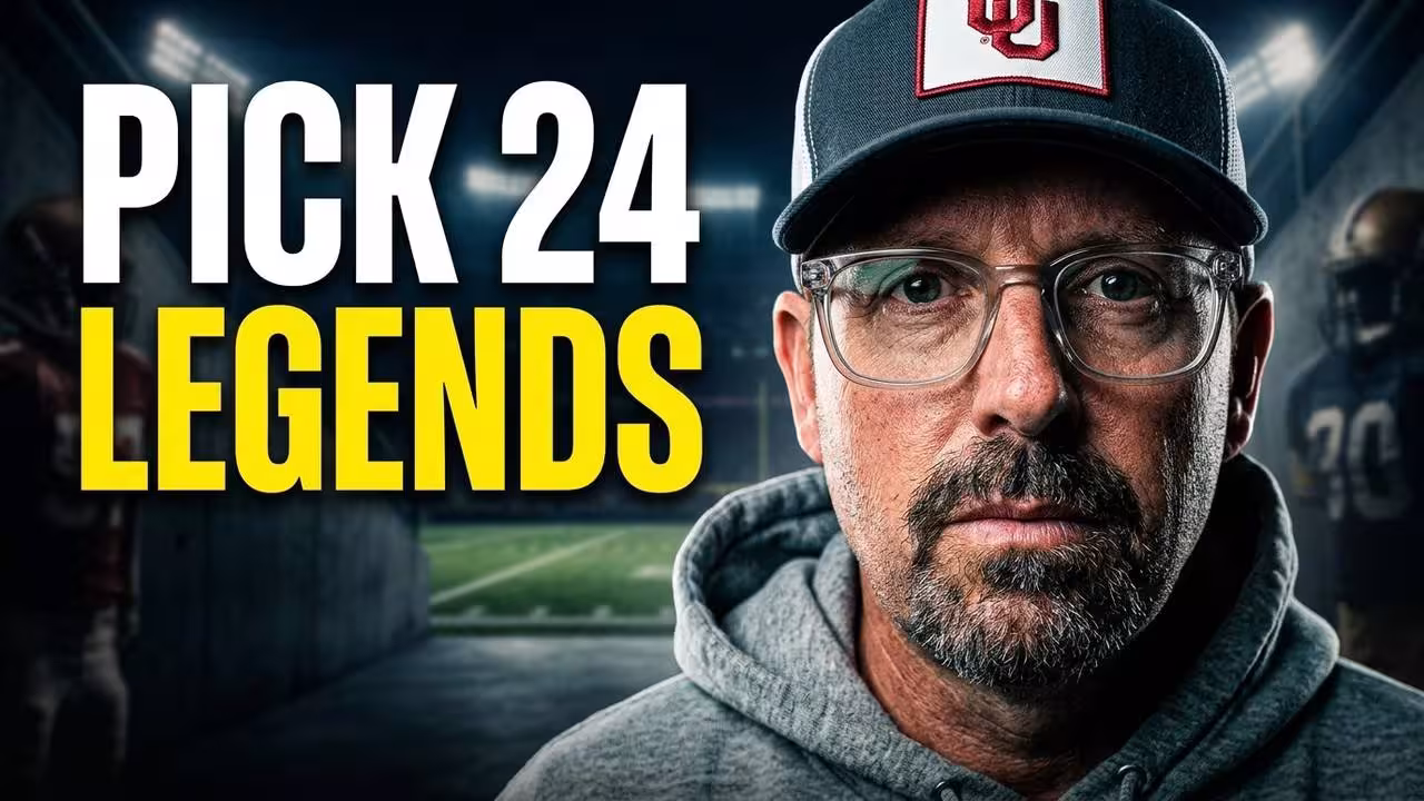 A professional digital thumbnail titled 'PICK 24 LEGENDS.' The image features a man in clear-framed glasses, a grey hoodie, and a dark cap with an 'OU' (Oklahoma Sooners) logo, looking directly at the camera. The background shows a dimly lit stadium tunnel leading out to a football field under bright lights. Bold white and yellow typography frames the left side of the image, with blurred figures of football players visible in the shadows of the tunnel.