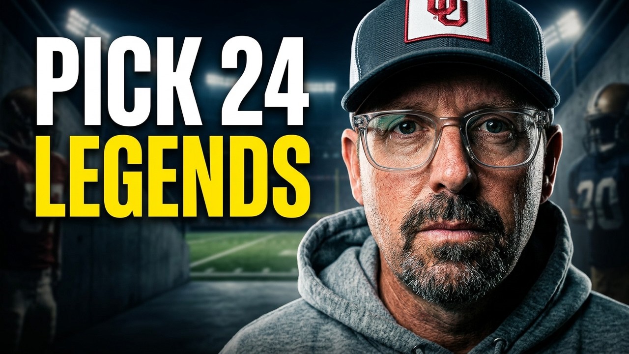 A professional digital thumbnail titled 'PICK 24 LEGENDS.' The image features a man in clear-framed glasses, a grey hoodie, and a dark cap with an 'OU' (Oklahoma Sooners) logo, looking directly at the camera. The background shows a dimly lit stadium tunnel leading out to a football field under bright lights. Bold white and yellow typography frames the left side of the image, with blurred figures of football players visible in the shadows of the tunnel.