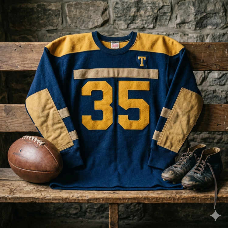 A vintage-style navy blue and gold wool football jersey with the number 35 in large felt digits, displayed in a rustic locker room setting. The jersey features gold shoulder yokes and reinforced elbow patches. It is accompanied by an old-fashioned leather football and worn, black high-top leather cleats resting on a weathered wooden bench against a stone wall.