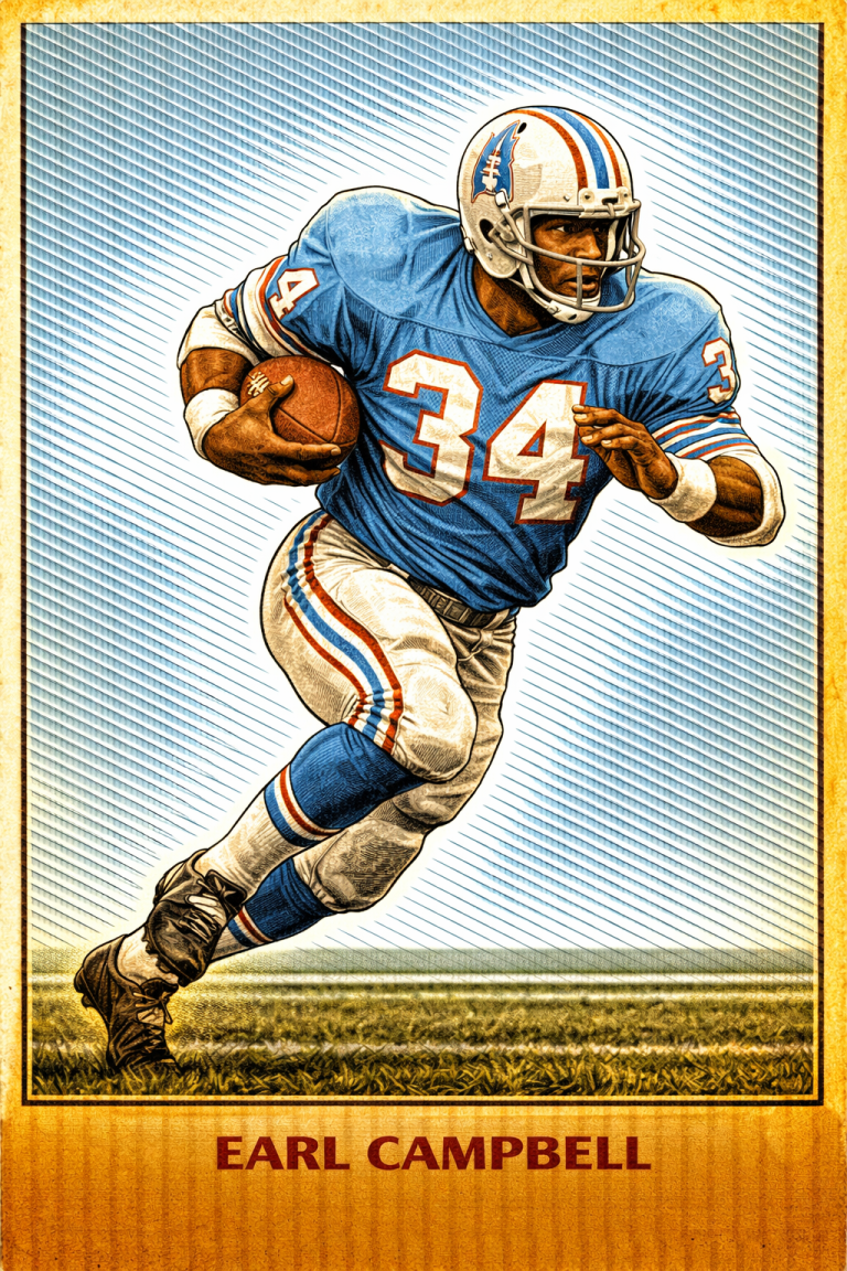 A vibrant, stylized color illustration of Pro Football Hall of Famer Earl Campbell in a powerful running pose. He wears the 'Luv Ya Blue' era Columbia blue Houston Oilers jersey with the number '34' in white and red. His silver helmet features the iconic oil derrick logo. He is shown mid-stride on a grass field against a background of blue diagonal lines. His name, 'EARL CAMPBELL,' is printed in bold at the bottom.