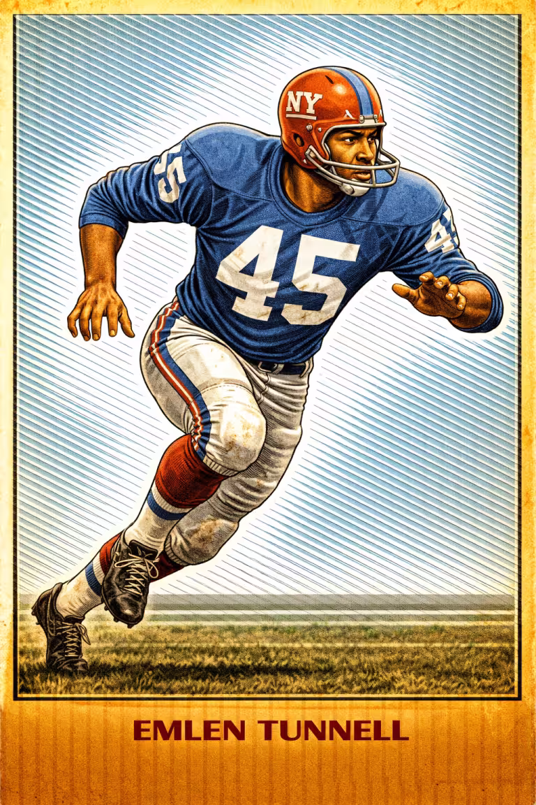 A vibrant, stylized color illustration of Pro Football Hall of Famer Emlen Tunnell in a dynamic running pose. He wears a royal blue New York Giants jersey with the number '45' in white, white trousers with red and blue stripes, and high-top black cleats. His red helmet features 'NY' in white and a thin silver facemask. He is shown mid-stride on a grass field against a background of blue diagonal lines. His name, 'EMLEN TUNNELL,' is printed in bold at the bottom