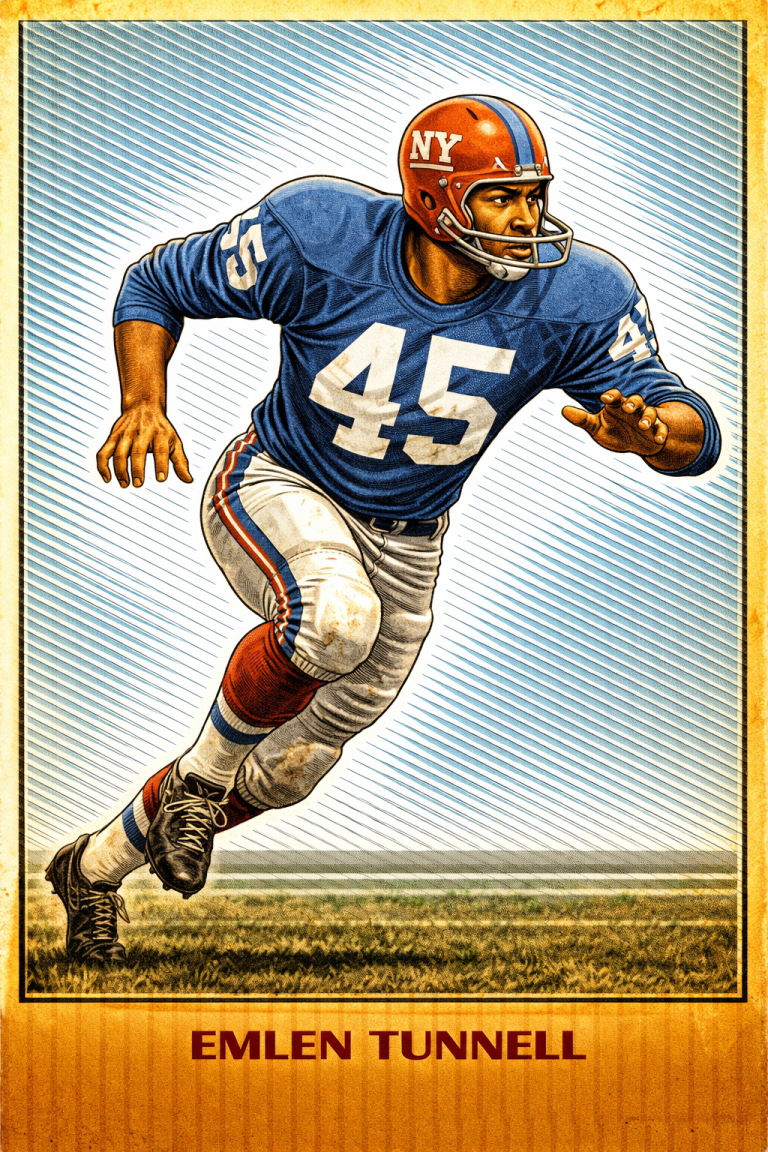 A vibrant, stylized color illustration of Pro Football Hall of Famer Emlen Tunnell in a dynamic running pose. He wears a royal blue New York Giants jersey with the number '45' in white, white trousers with red and blue stripes, and high-top black cleats. His red helmet features 'NY' in white and a thin silver facemask. He is shown mid-stride on a grass field against a background of blue diagonal lines. His name, 'EMLEN TUNNELL,' is printed in bold at the bottom