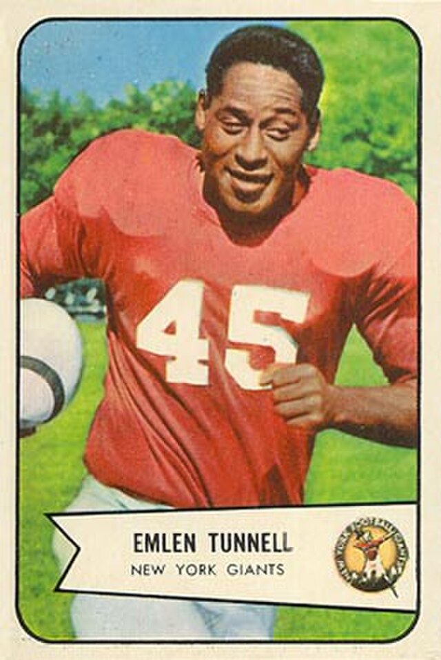 Color photo scan of American football player Emlen Tunnell on a 1954 Bowman card, wearing his red NY Giants jersey number 45.