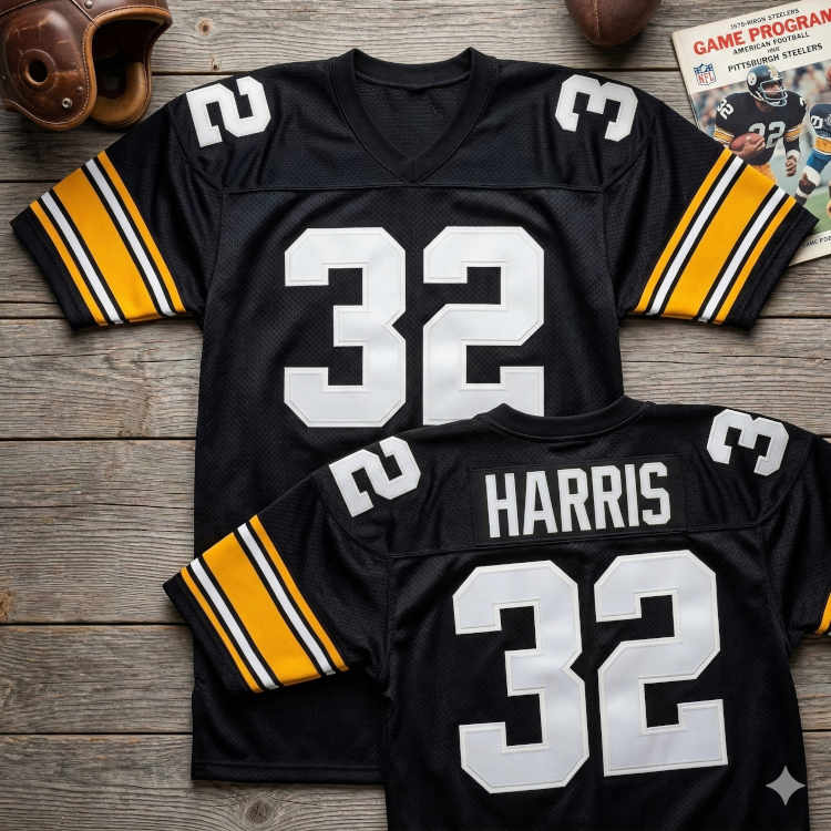 A flat-lay of Pittsburgh Steelers memorabilia on a light wood surface. It features two black mesh jerseys with the number 32 in white block lettering; the bottom jersey shows the name 'HARRIS' on the back. Surrounding the jerseys are a vintage leather football helmet, a small leather football, and a 1975 game program featuring a player in a Steelers uniform.