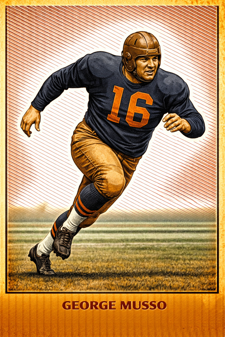 A vibrant, stylized color illustration of Pro Football Hall of Famer George Musso in a charging athletic pose. He wears a navy blue Chicago Bears jersey with the number '16' in orange, tan quilted trousers, and a brown leather 'wing' style helmet. He is shown mid-stride on a grass field against a background of orange diagonal lines. His name, 'GEORGE MUSSO,' is printed in bold orange letters at the bottom.