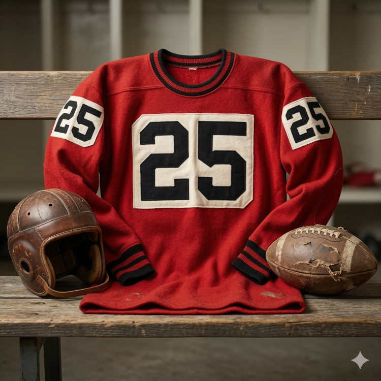 A studio photograph of a vintage red wool football sweater with the number '25' displayed in black on large white square patches on the chest and shoulders. The sweater features a black-and-red ribbed crew neck and matching cuffs. It is displayed on a weathered wooden locker bench alongside a dark brown leather helmet and a scuffed, well-worn leather football.