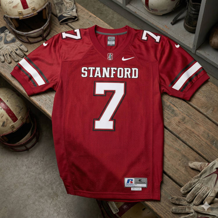 A bright crimson Stanford University football jersey with the number '7' in white with a black outline. The word 'STANFORD' is printed in white block letters above the number. The jersey features white and black stripes on the sleeves and a Nike 'swoosh' on the left chest. It is displayed on a weathered wooden bench in a locker room setting, surrounded by vintage-style helmets, gloves, and a Russell Athletic jock tag at the bottom right.