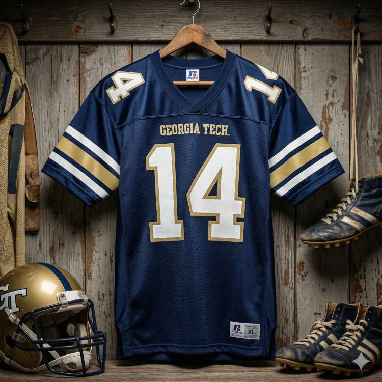 A navy blue Georgia Tech football jersey hanging on a wooden locker room wall. The mesh jersey features 'GEORGIA TECH' and the number '14' in white block lettering with gold outlines. Surrounding the jersey are a gold helmet with a navy stripe, a pair of vintage blue and gold cleats, and a rustic wooden bench.