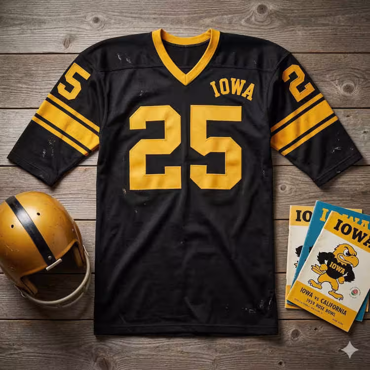 A flat-lay photograph of a vintage black Iowa Hawkeyes football jersey on a rustic wooden surface. The jersey features 'IOWA' and the number '25' in bold gold block lettering. Accompanying the jersey is a scuffed gold helmet with a black stripe and several vintage game programs, including one for the 1959 Rose Bowl against California.