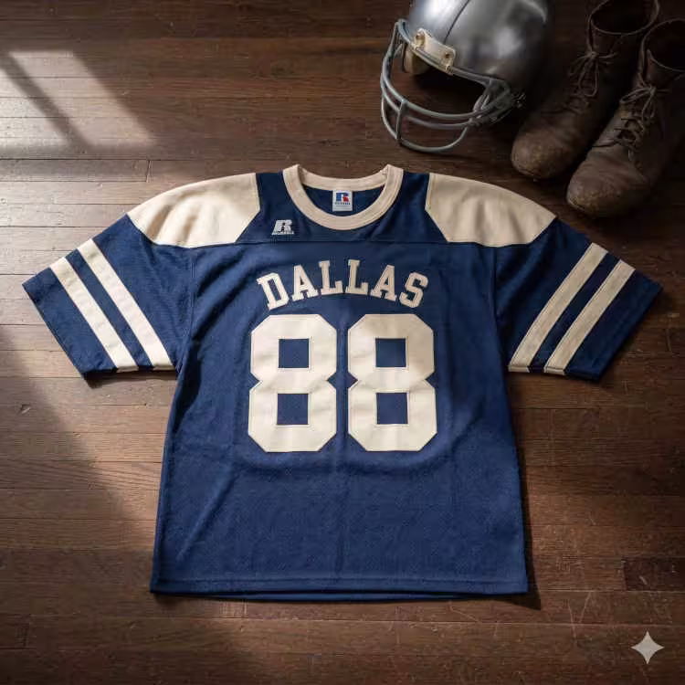 Image of a blue and white Dallas football Jersey number 88 with a football helmet and old cleats.