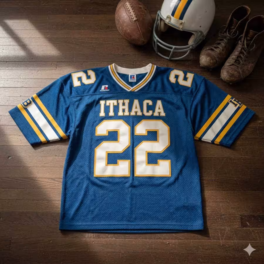 Image of a blue Ithica football Jersey number 22 with a football helmet and old cleats.
