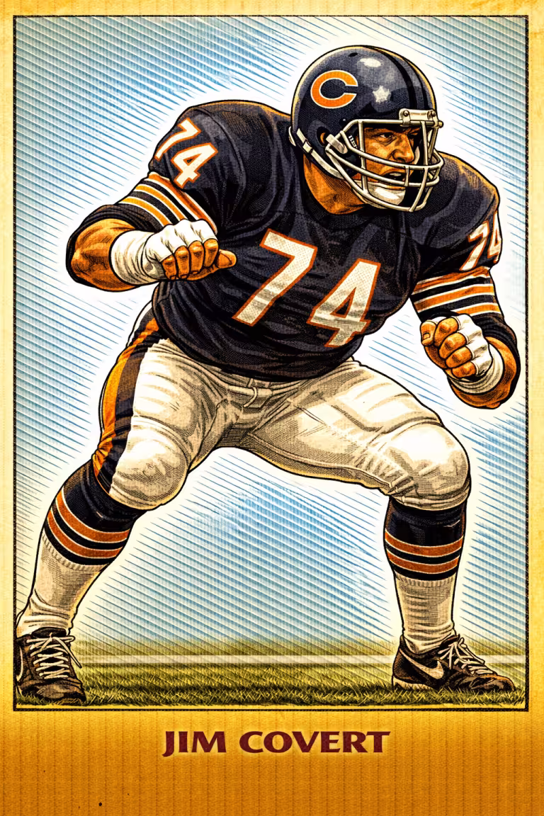A vibrant, stylized color illustration of Pro Football Hall of Famer Jim Covert in a wide, powerful blocking stance. He wears a navy blue Chicago Bears jersey with the number '74' in orange and white, white trousers, and striped socks. His dark helmet features the orange 'C' logo and a classic silver multi-bar facemask. He is shown on a grass field against a background of blue diagonal lines, with his name, 'JIM COVERT,' printed at the bottom.