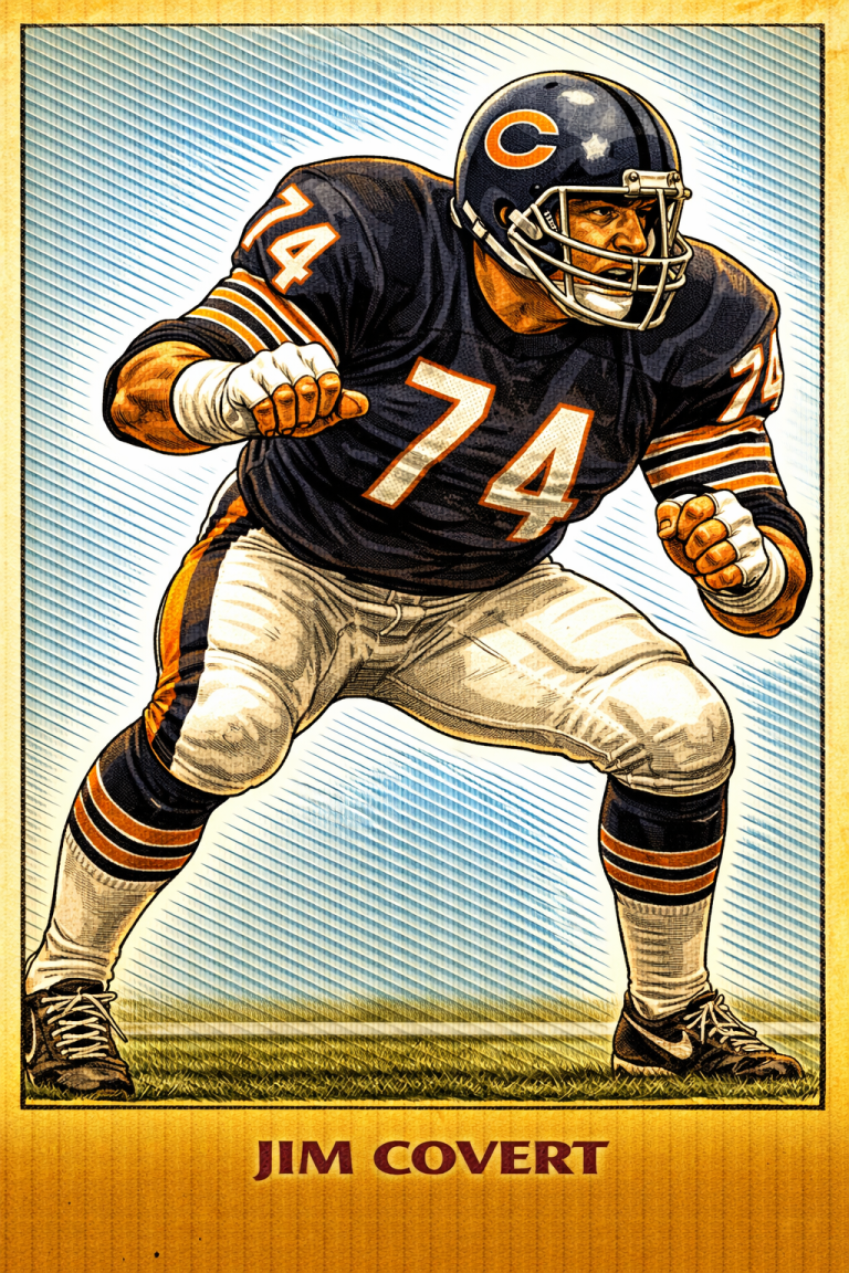 A vibrant, stylized color illustration of Pro Football Hall of Famer Jim Covert in a wide, powerful blocking stance. He wears a navy blue Chicago Bears jersey with the number '74' in orange and white, white trousers, and striped socks. His dark helmet features the orange 'C' logo and a classic silver multi-bar facemask. He is shown on a grass field against a background of blue diagonal lines, with his name, 'JIM COVERT,' printed at the bottom.