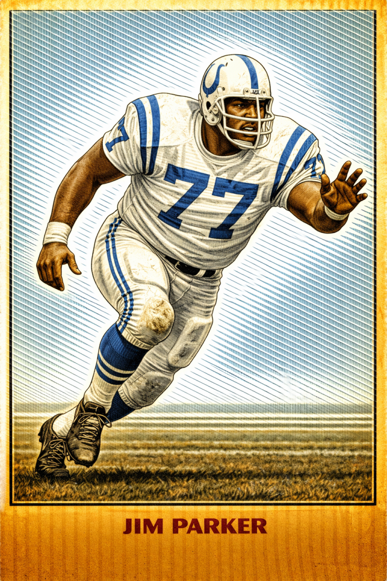 A vibrant, stylized color illustration of Pro Football Hall of Famer Jim Parker in a dynamic blocking pose. He wears the classic white Baltimore Colts jersey with the number '77' in royal blue. His white helmet features the iconic blue horseshoe logo and a multi-bar facemask. He is shown mid-stride on a grass field against a background of blue diagonal lines. His name, 'JIM PARKER,' is printed in bold at the bottom.