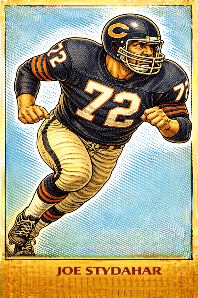Stylized color illustration of Chicago Bears legend Joe Stydahar #72 in a classic football charging pose.
