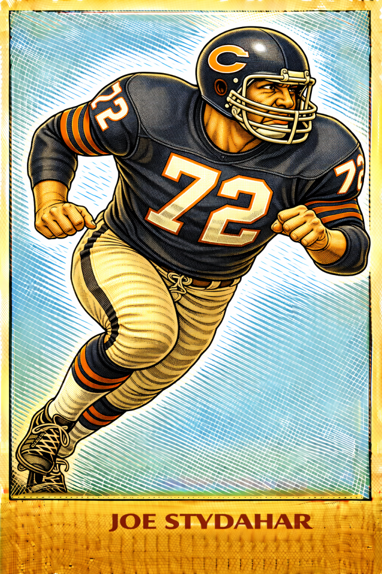 Stylized color illustration of Chicago Bears legend Joe Stydahar #72 in a classic football charging pose.