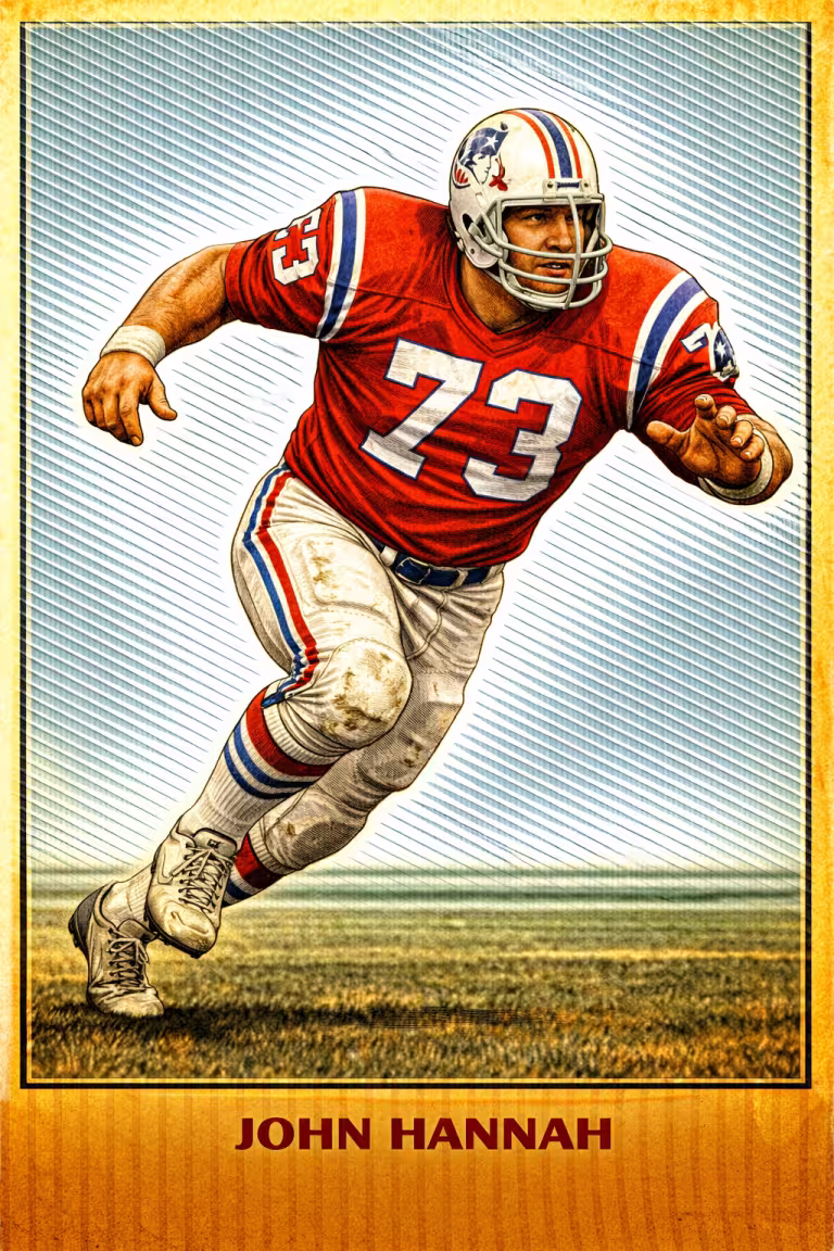 A vibrant, stylized color illustration of Pro Football Hall of Famer John Hannah in a dynamic charging pose. He wears the classic 'Pat Patriot' era red New England Patriots jersey with the number '73' in white. His silver helmet features the original hiking minuteman logo. He is shown mid-stride on a grass field against a background of blue diagonal lines. His name, 'JOHN HANNAH,' is printed in bold at the bottom.